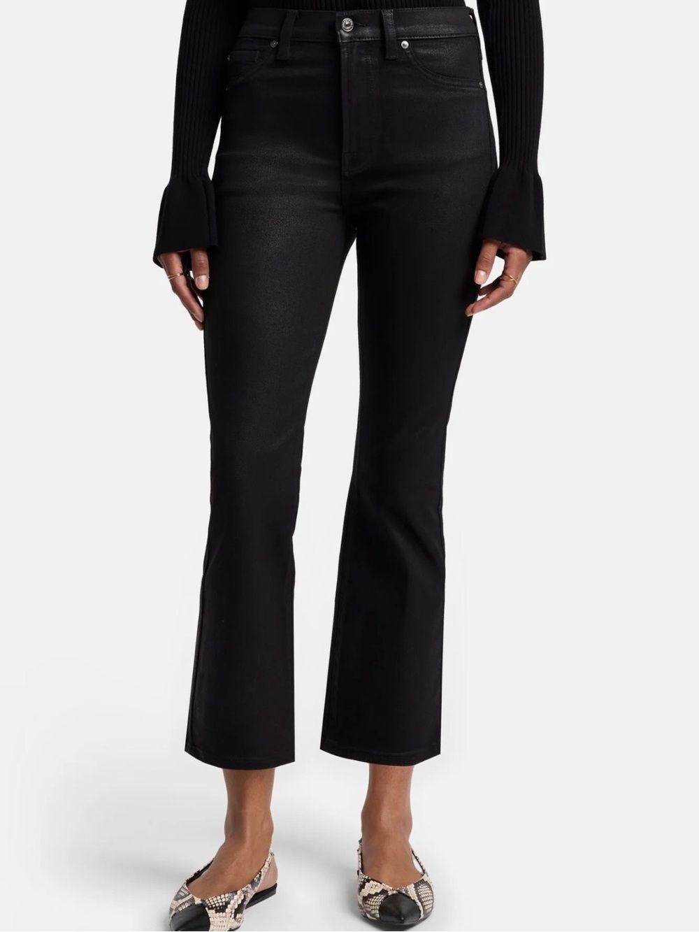 7 For All Mankind High Rise Slim Kick Cropped Coated Jeans Black Size 29
